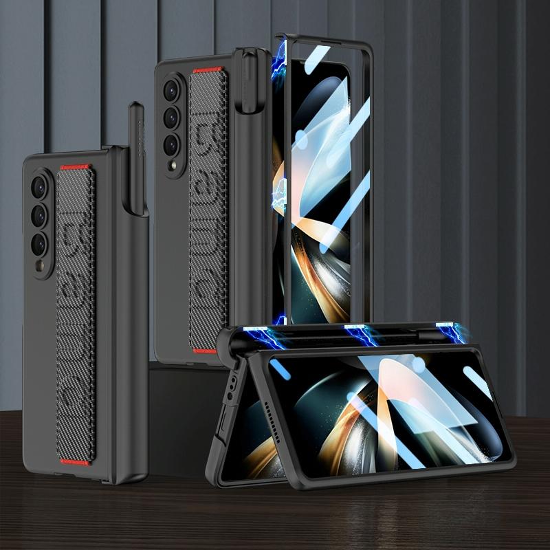 NNEDSZ Samsung Galaxy Z Fold 4 Shockproof Magnetic Fold Case With Wrist Strap - Carbon Fibre - money shopping คุ้ม