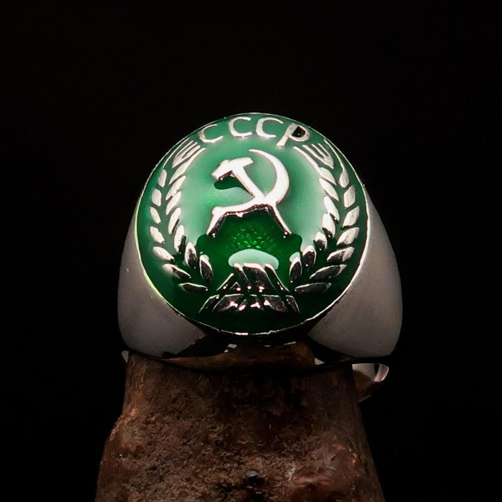Perfectly crafted Men's Communist Ring green Hammer Sickle Crest CCCP - Sterling Silver - money shopping คุ้ม
