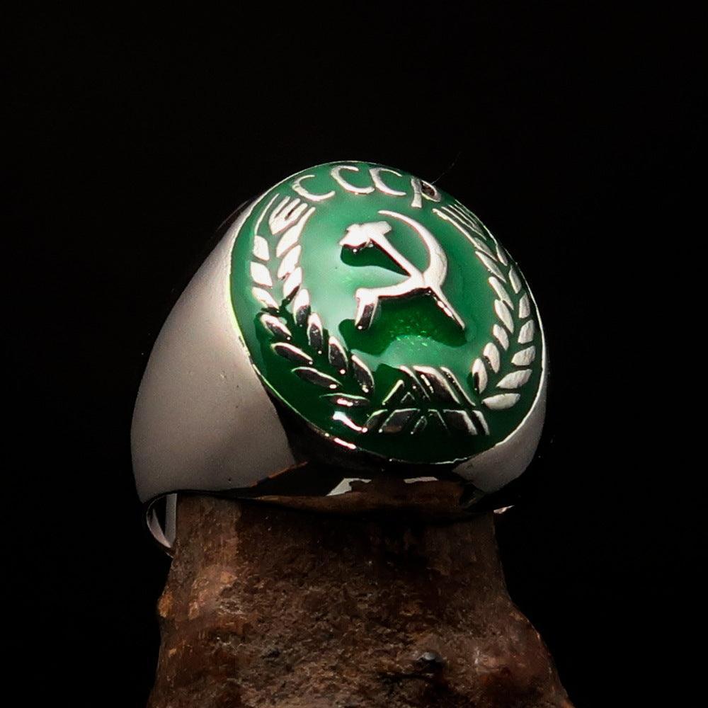 Perfectly crafted Men's Communist Ring green Hammer Sickle Crest CCCP - Sterling Silver - money shopping คุ้ม