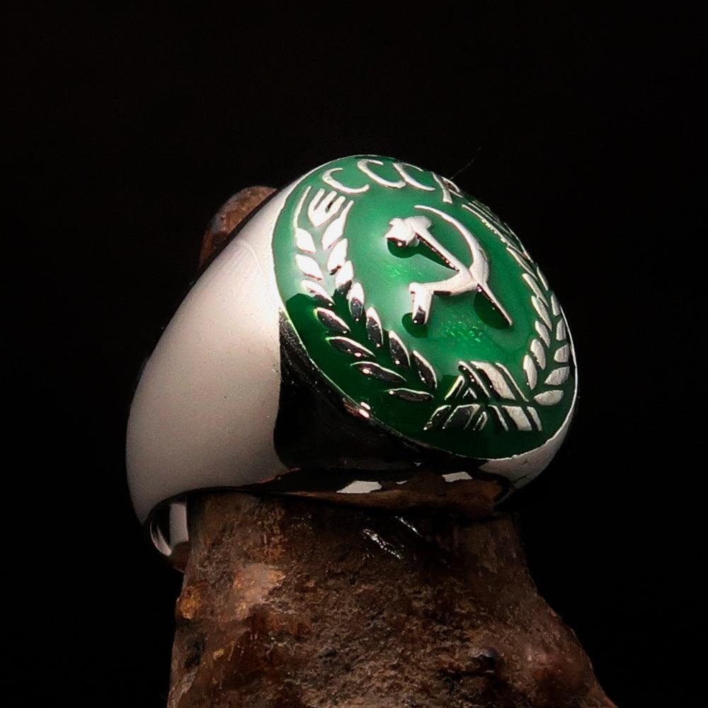 Perfectly crafted Men's Communist Ring green Hammer Sickle Crest CCCP - Sterling Silver - money shopping คุ้ม