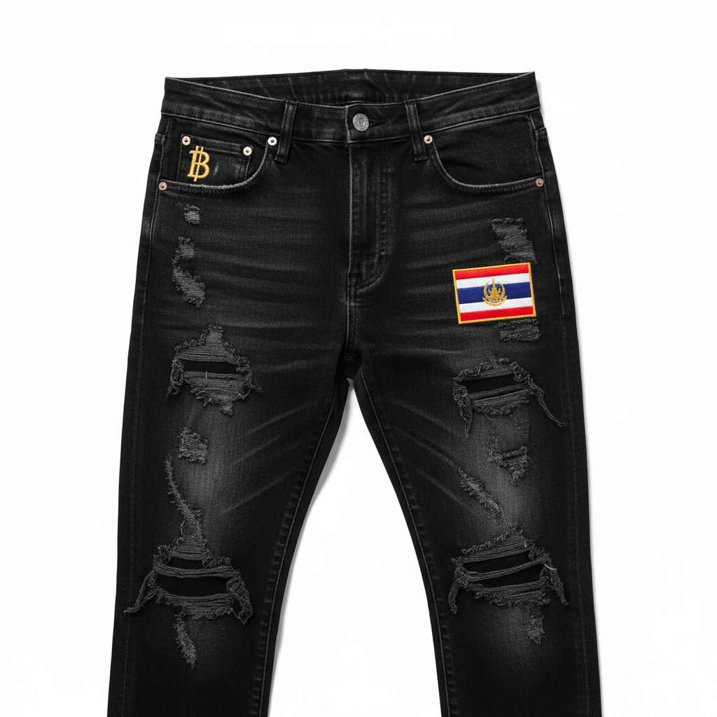 กางเกงยีนส์สีดำ Slim Fit ปักธงไทย พร้อมสัญลักษณ์บาท - Limited Edition - money shopping คุ้ม