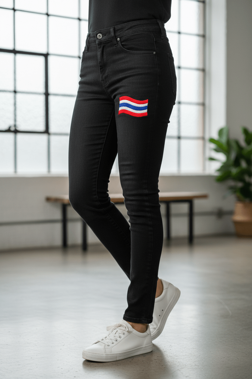 กางเกงยีนส์สีดำ Slim Fit ปักธงไทย พร้อมสัญลักษณ์บาท - Limited Edition - money shopping คุ้ม