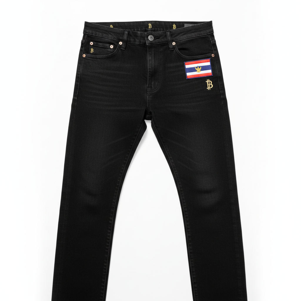 กางเกงยีนส์สีดำ Slim Fit ปักธงไทย - ด้านหน้า